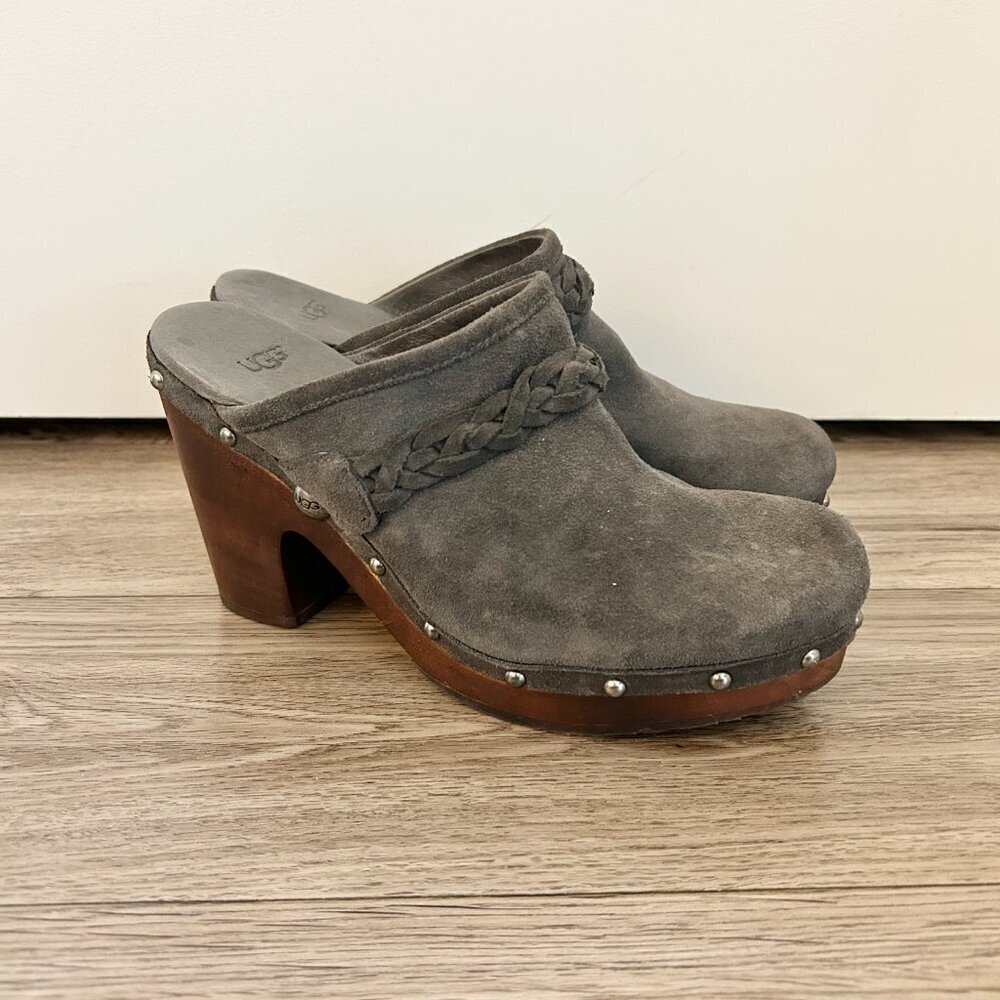 UGG Australia Dark Gray Fleece Kaylee Wooden Platform Clogs Size 9 - Picture 2 of 10